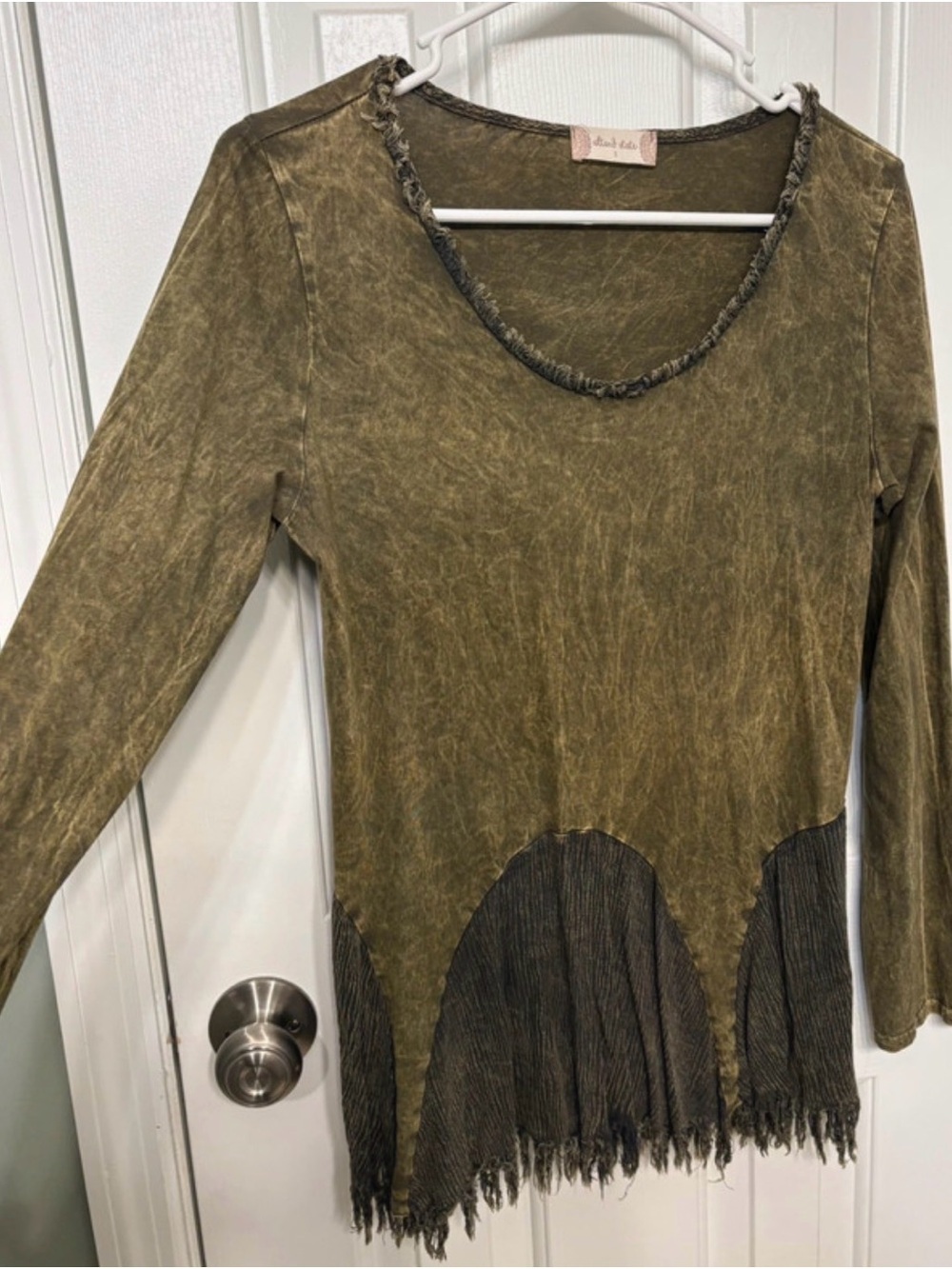 Olive Green Boho Long Sleeve Tunic with Fringe & Scarf